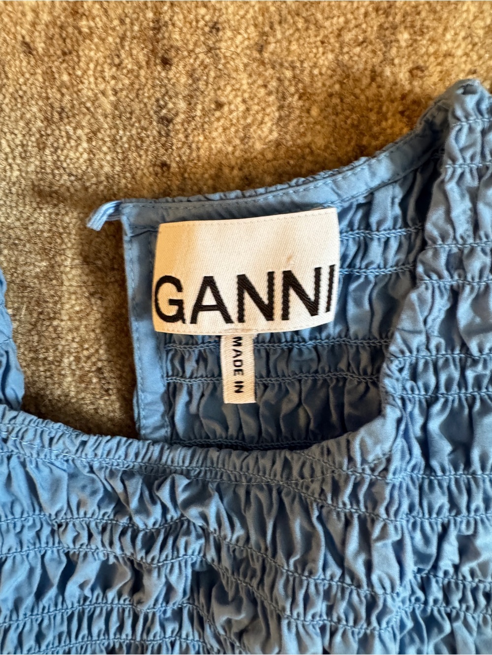 Ganni Light Blue Smocked Bodice Long Sleeve Dress - Picture 3 of 8